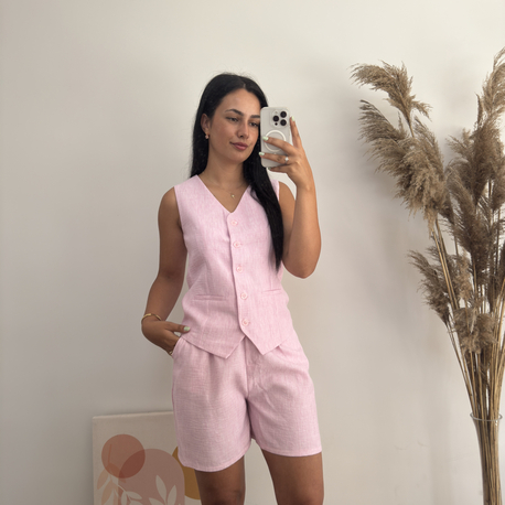 Pembe Şort Yelek Keten Takım