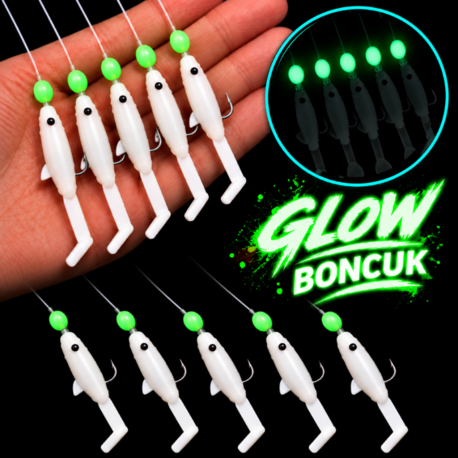 ea genset Beyaz Silikon Balıklı Çapari 5 Cm (2 Adet) Silikon At Çek Takımı Glow Boncuklu