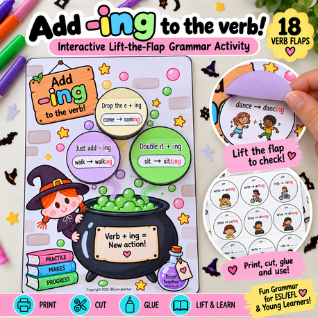 Halloween -ING Verbs Activity | Add ING to Verbs | Lift the Flap Grammar Craft 