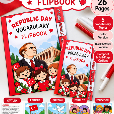 29 Ekim Cumhuriyet Bayramı Vocabulary Flipbook  | Renkli & Siyah-Beyaz