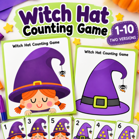 Halloween Counting Activity 1-10 | Witch Hat Counting Game | Number Matching Cards | Preschool Kinde