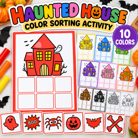 Halloween Color Sorting Activity | Haunted House Preschool Printable | 10 Colors Matching Game 