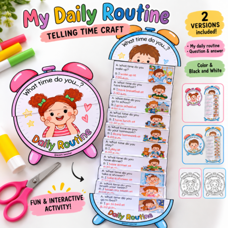 Daily Routine & Telling Time Craft | My Daily Routine Interactive Clock | ESL Daily Routines Act