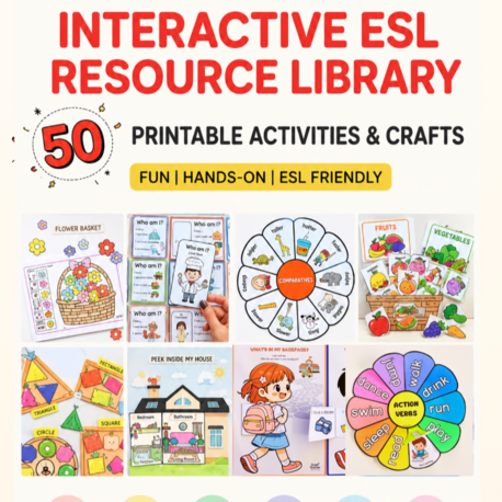 INTERACTIVE ESL RESOURCE LIBRARY 50 Printable Activities & Crafts for Preschool, Kindergarten &a