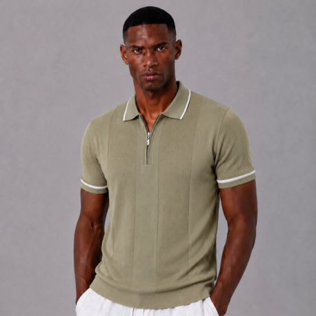 Polo Yaka Örgülü Fermuarlı Triko T-Shirt - Yeşil
