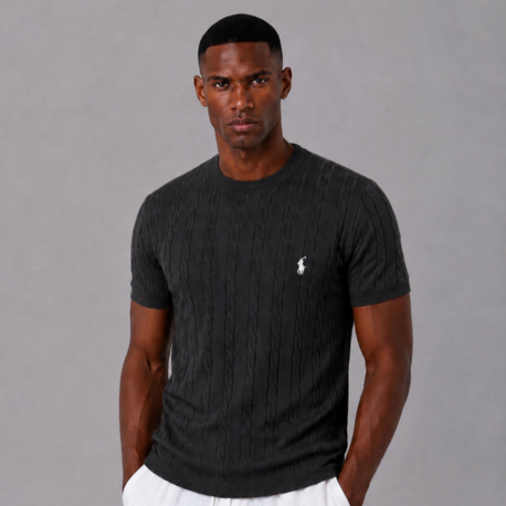 Örgü Desen Triko T-Shirt - Siyah