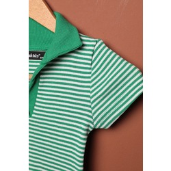 Kaşkorse Kumaş Polo Yaka Çizgili Kadın Crop-Yeşil