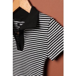 Kaşkorse Kumaş Polo Yaka Çizgili Kadın Crop-Siyah