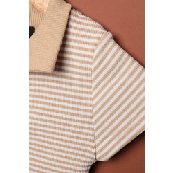 Kaşkorse Kumaş Polo Yaka Çizgili Kadın Crop-Bej