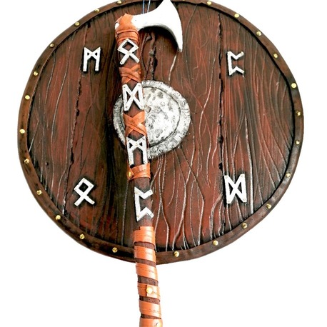 Rünlü Viking Kalkanı ve Balta Seti – El Yapımı Duvar Dekoru