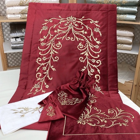 LAME KADİFE SECCADE BOHÇA TAKIMI (BORDO-GOLD)
