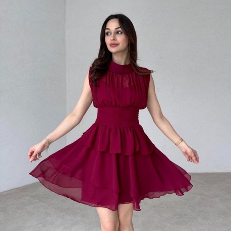 Dik Yaka Sıfır Kol Şifon Kadın Elbise - BORDO