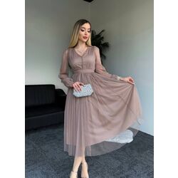 Astarlı v yaka tül elbise fermuarlıdır