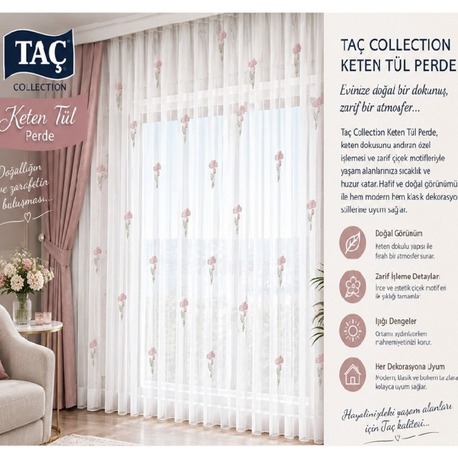 TAÇ COLLECTION KETEN TÜL PERDE - Pembe Çiçek İşlemeli