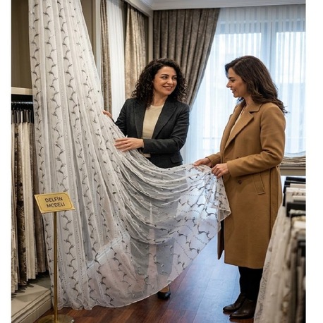 Taç Çollection -Siyah -Beyaz Motifli Tül Perde-1/2 Pile