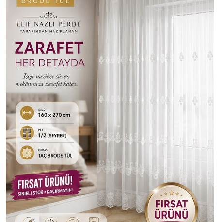 Taç Brode Tül Perde-1/2 (Seyrek) Pile - Fırsat Ürünü 
