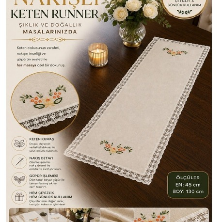 Nakış İşlemeli Keten Runner – Çeyizlik ve Günlük Kullanım İçin Özel Tasarım