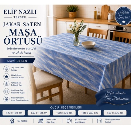 Taç Jakar Saten Dikdörtgen Masa Örtüsü – Mavi Desenli-Ölçü: 160 x 300 cm 