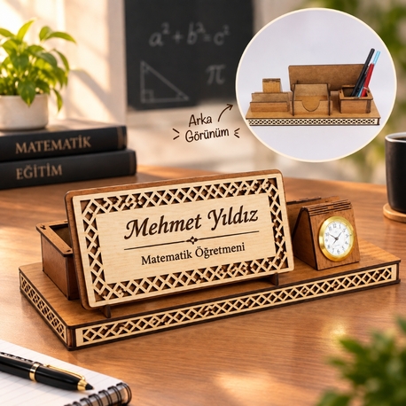 Kişiye Özel Ahşap Masa İsimliği ve Masaüstü Organizer – Saatli