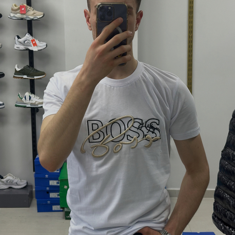 BOSS Nakışlı Bisiklet Yaka Beyaz Tişört