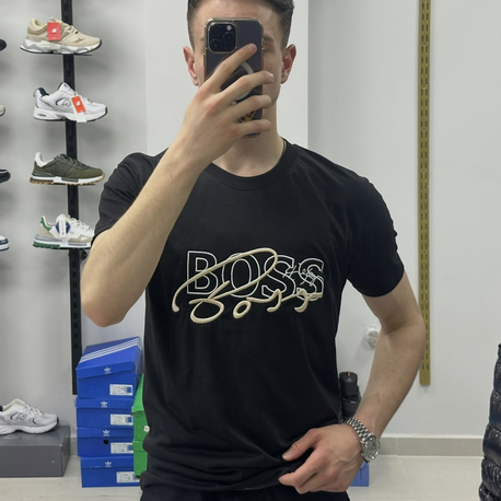 BOSS Nakışlı Bisiklet Yaka Siyah Tişört