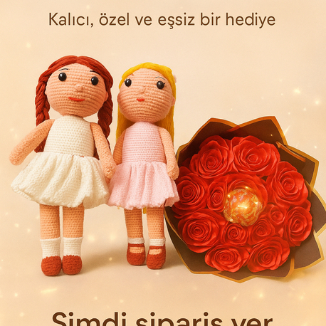 2 adet el örgüsü bebek, saten ışıklı buket 