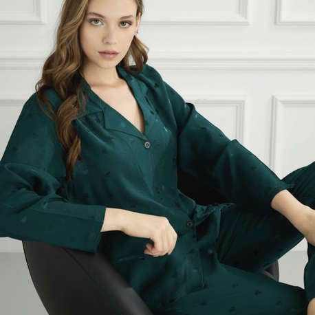 Yeşil Kalpli Uzun Kollu Pijama Takımı