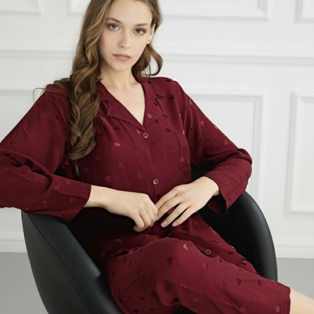 Kırmızı Kalpli Uzun Kollu Pijama Takımı