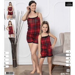 ANNE & KIZ EKOSE DESEN ASKILI + ŞORT PİJAMA TAKIMI