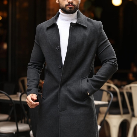 Kod : 2505 , Antrasit Erkek Modern Fit Kaşe Kaban