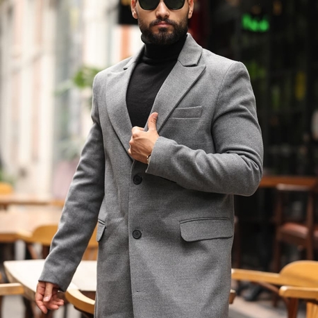 Kod: 2502 | Gri Erkek Modern Fit Kaşe Kaban – Diz Altına Uzanan En Uzun Model 