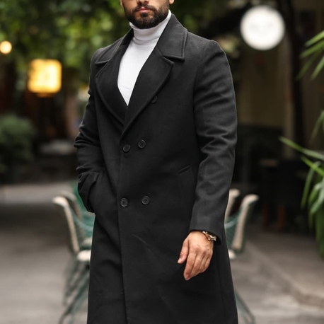 Kod : 2507 , Siyah Erkek Modern Fit Kaşe Kaban 