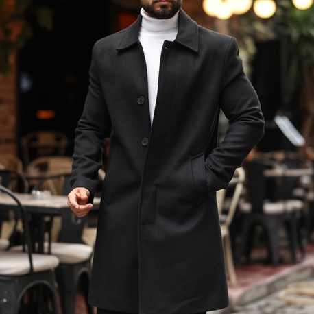 Kod : 2505 , Siyah Erkek Modern Fit Kaşe Kaban