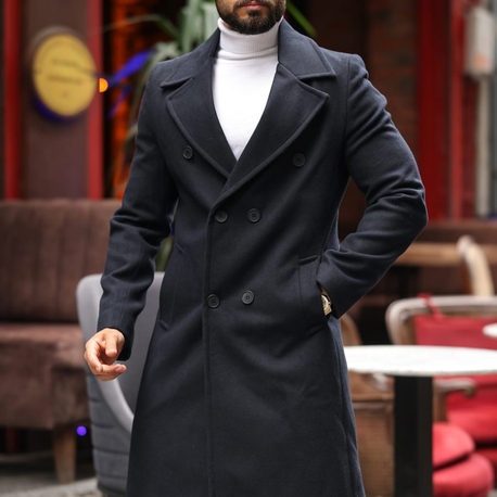 Kod : 2507 , Lacivert Erkek Modern Fit Kaşe Kaban 