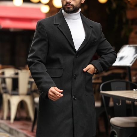 Kod : 2506 , Siyah Erkek  Modern Fit Kaşe Kaban