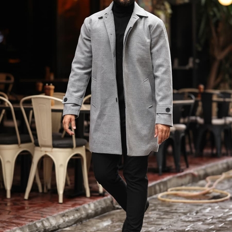 Kod : 2501 , Gri Erkek Modern Fit Kaşe Kaban 