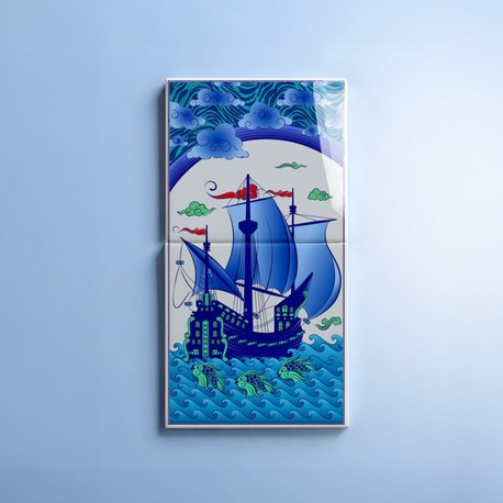 Perforated Stencil 20x40 cm. - Galleon and Fish Motif Tile Pattern