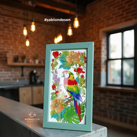 Perforated Stencil 20x40 cm. - Parrot and Tropical Flower Exotic Motif Tile Pattern