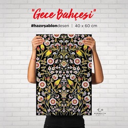 Hazır Şablon Desen 40x60 cm. BÜYÜK BOY -  Gece Bahçesi Motifli Çini Karo / Tabak Deseni