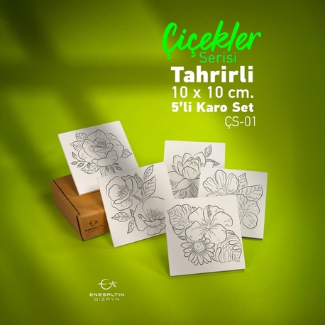 Tahrirli Ürün - Çiçekler Serisi (ÇS-01) 10 x 10 cm Tahrirli 5'li Karo Seti