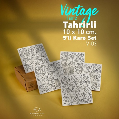 Tahrirli Ürün - Vintage Tarz (V-03) 10 x 10 cm Tahrirli 5'li Karo Seti