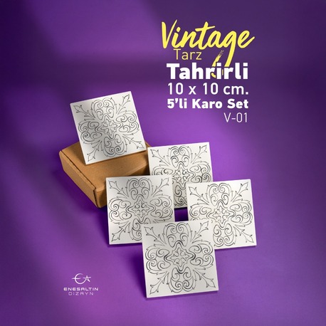 Tahrirli Ürün - Vintage Tarz (V-01) 10 x 10 cm Tahrirli 5'li Karo Seti