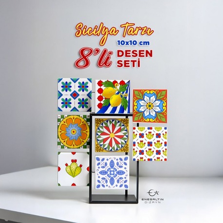 8'li Şablon Desen Seti - Sicilya Tarzı Motifli 10 x 10 cm. Çini Karo Deseni