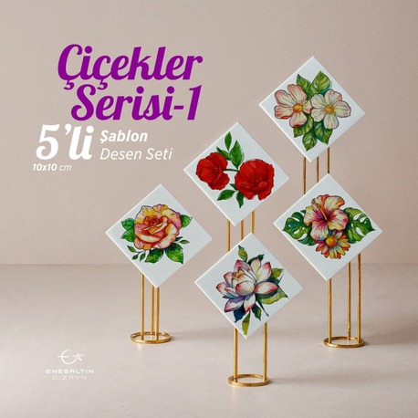 5'li Şablon Desen Seti - Çiçekler Serisi-1 Çini Karo Deseni - 10 x 10 cm.