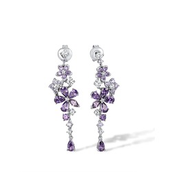 Ametist Taşlı Pırlanta Model Çiçek Demeti Sallantılı Kadın Gümüş Küpe
