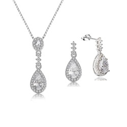 Zirkon Taşlı Işıltılı Damla Diamond Model Kadın Gümüş Kolye Küpe Seti