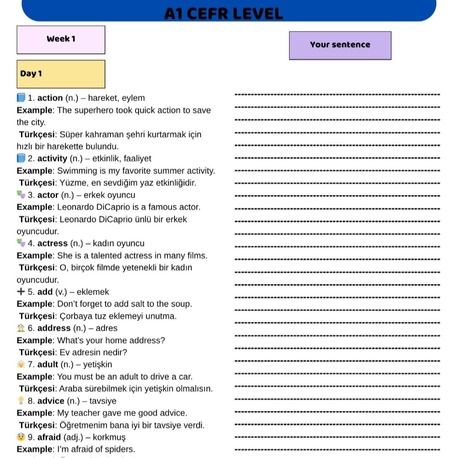  A1 SEVİYE ( Başlangıç )İNGİLİZCE KELİME LİSTESİ + QR KODLU DİNLEME 
