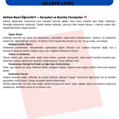 A2 SEVİYE ( Başlangıç )İNGİLİZCE KELİME LİSTESİ + QR KODLU DİNLEME 