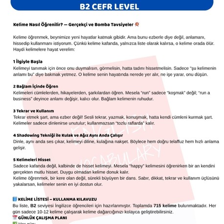B2 SEVİYE ( Orta seviye  )İNGİLİZCE KELİME LİSTESİ + QR KODLU DİNLEME