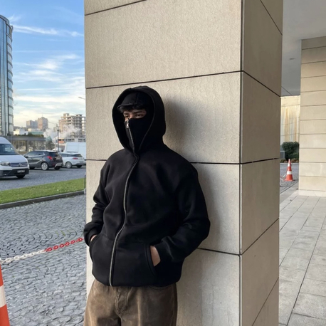 Oversize Fermuarlı Siyah Hoodie